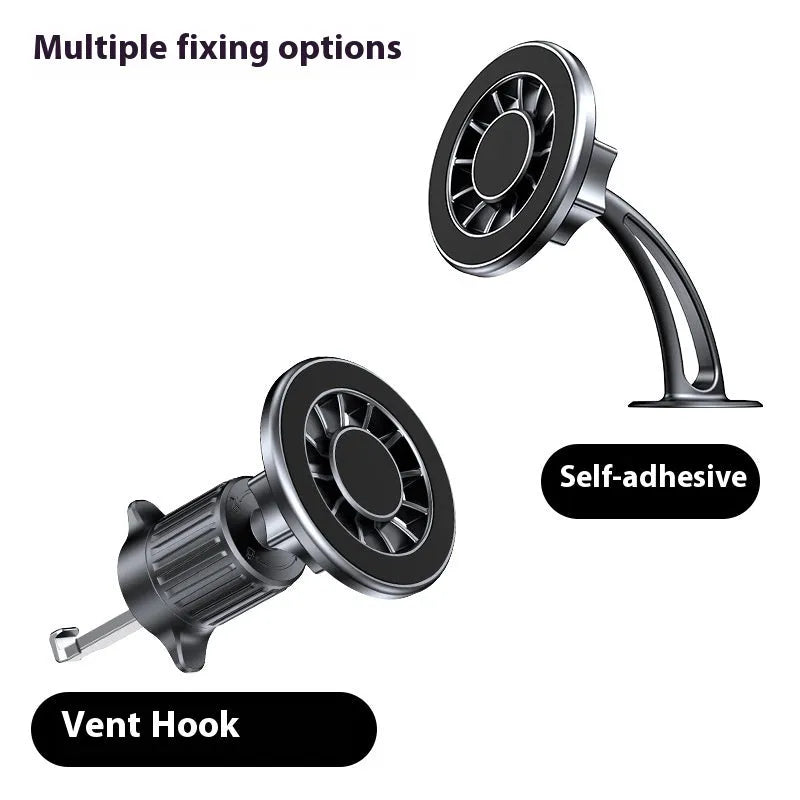 Magnetic car phone holder with suction cup mounted on dashboard air vent showing a smartphone attached