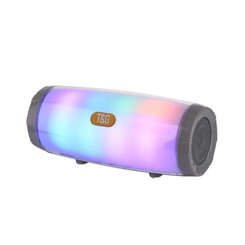 Portable Bluetooth speaker with LED lighting in blue colour showing front controls and dimensions