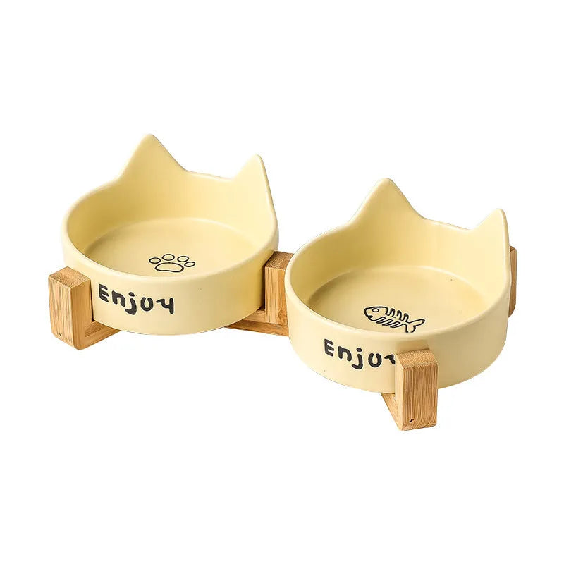 Porcelain cat food and water bowl set with wooden anti-tumble frame in various colours