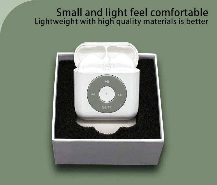 White wireless Bluetooth earphones and charging case on a solid background.