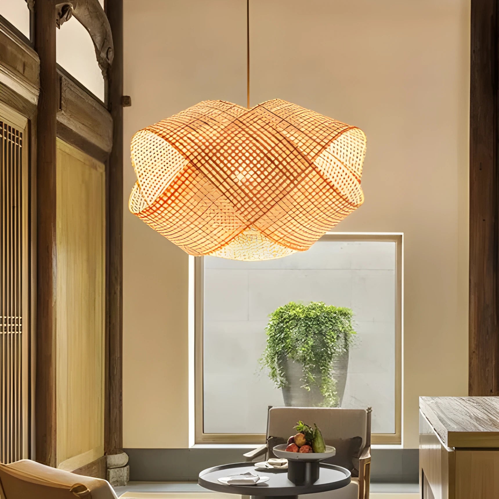 Bamboo woven rattan ceiling lamp with adjustable suspension in New Chinese style