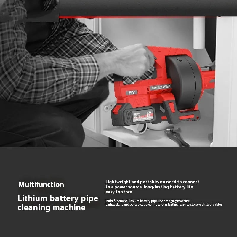 Lithium battery pipe sewer unblocking machine with 7m steel cable and two batteries