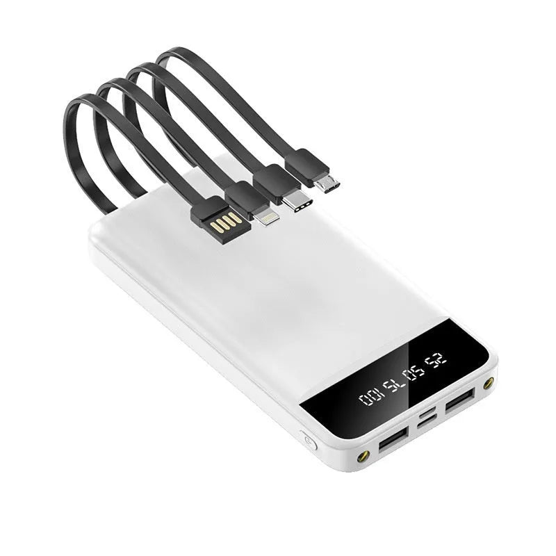 20000 mAh power bank with charging cable showing compact 140 x 71 x 17 mm dimensions and plastic shell construction