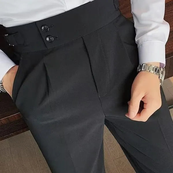 Men's high-waist straight-leg trousers in neutral colours on a hanger.