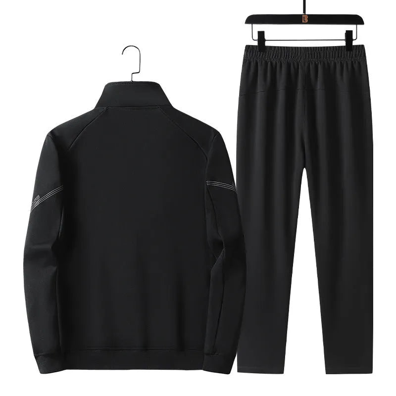 Men's plus-size knitted cotton sports leisure suit with jacket and trousers in black dark blue gray for outdoor spring autumn