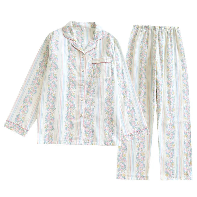 Japanese Sweet ladies red fruit print cotton gauze long sleeve top and trousers two-piece homewear set.