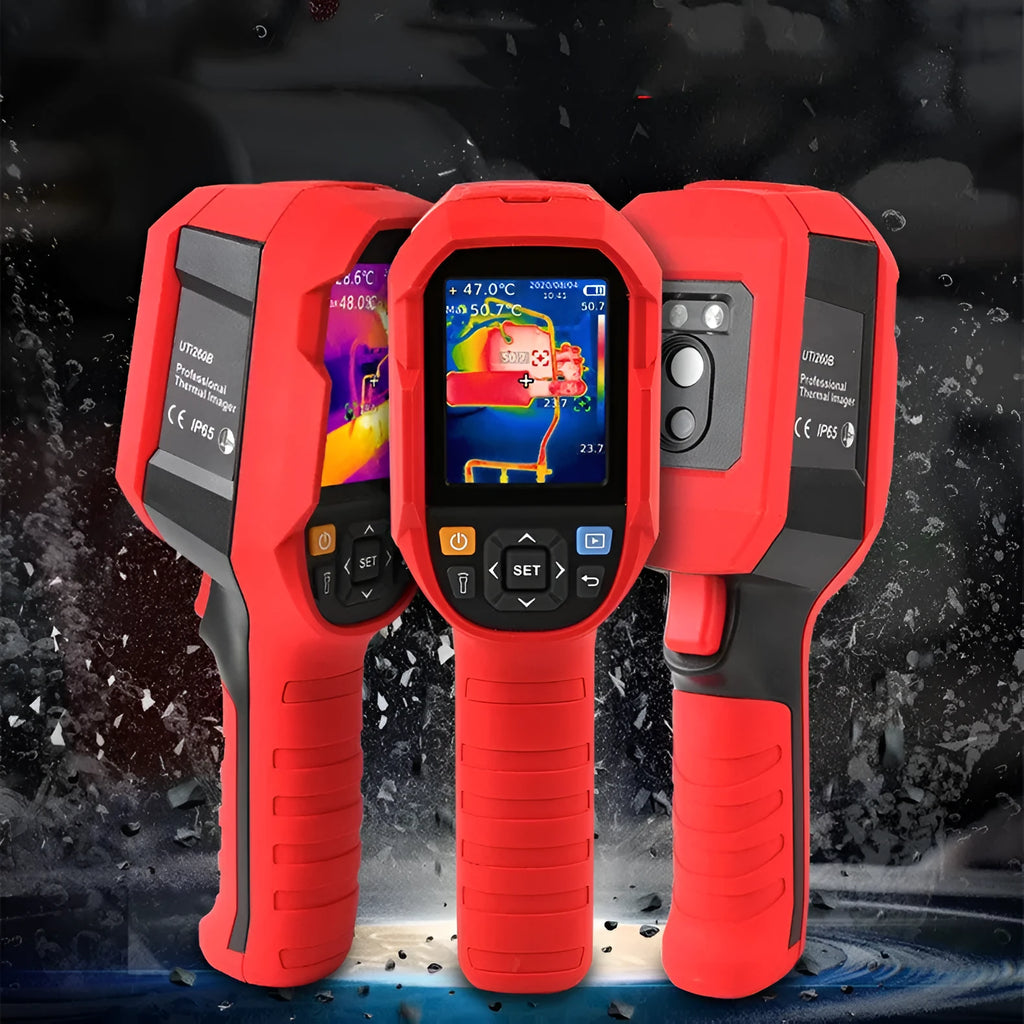 UTi series handheld infrared thermal imager showing a thermal image on its 2.8-inch screen.