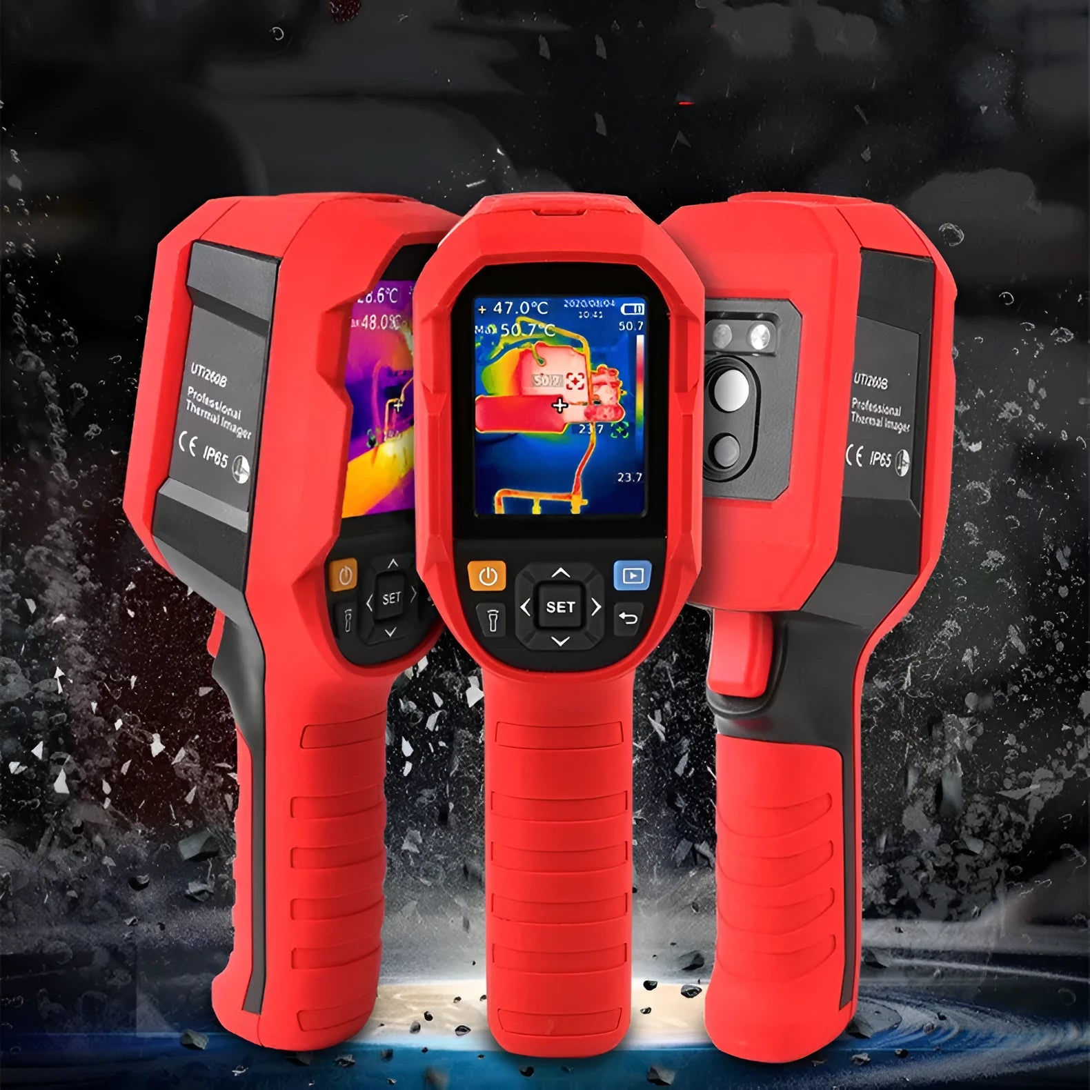 UTi series handheld infrared thermal imager showing a thermal image on its 2.8-inch screen.