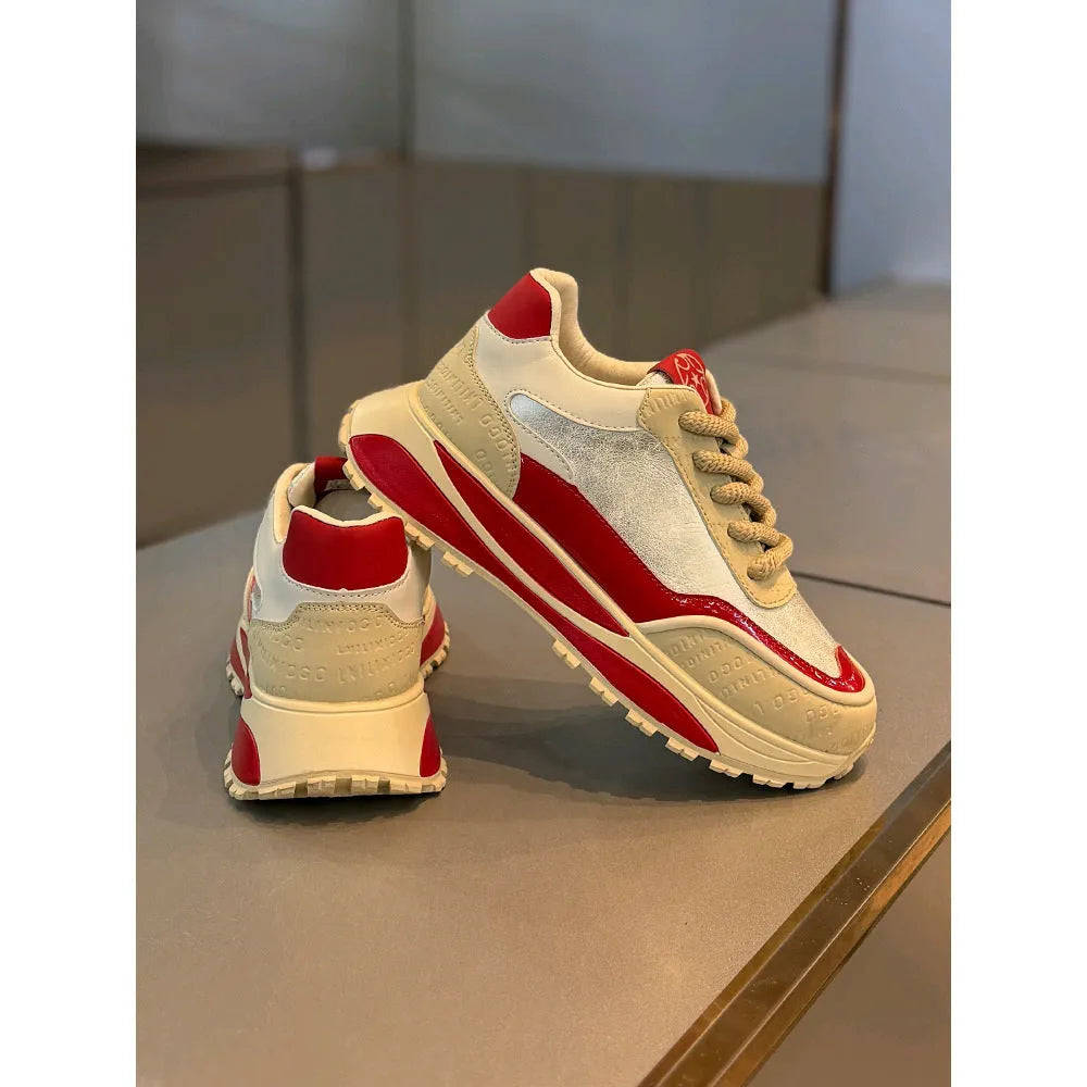 Men's chunky sole retro dad shoes in black, blue, beige red, and yellow with round toe and lace-up front.