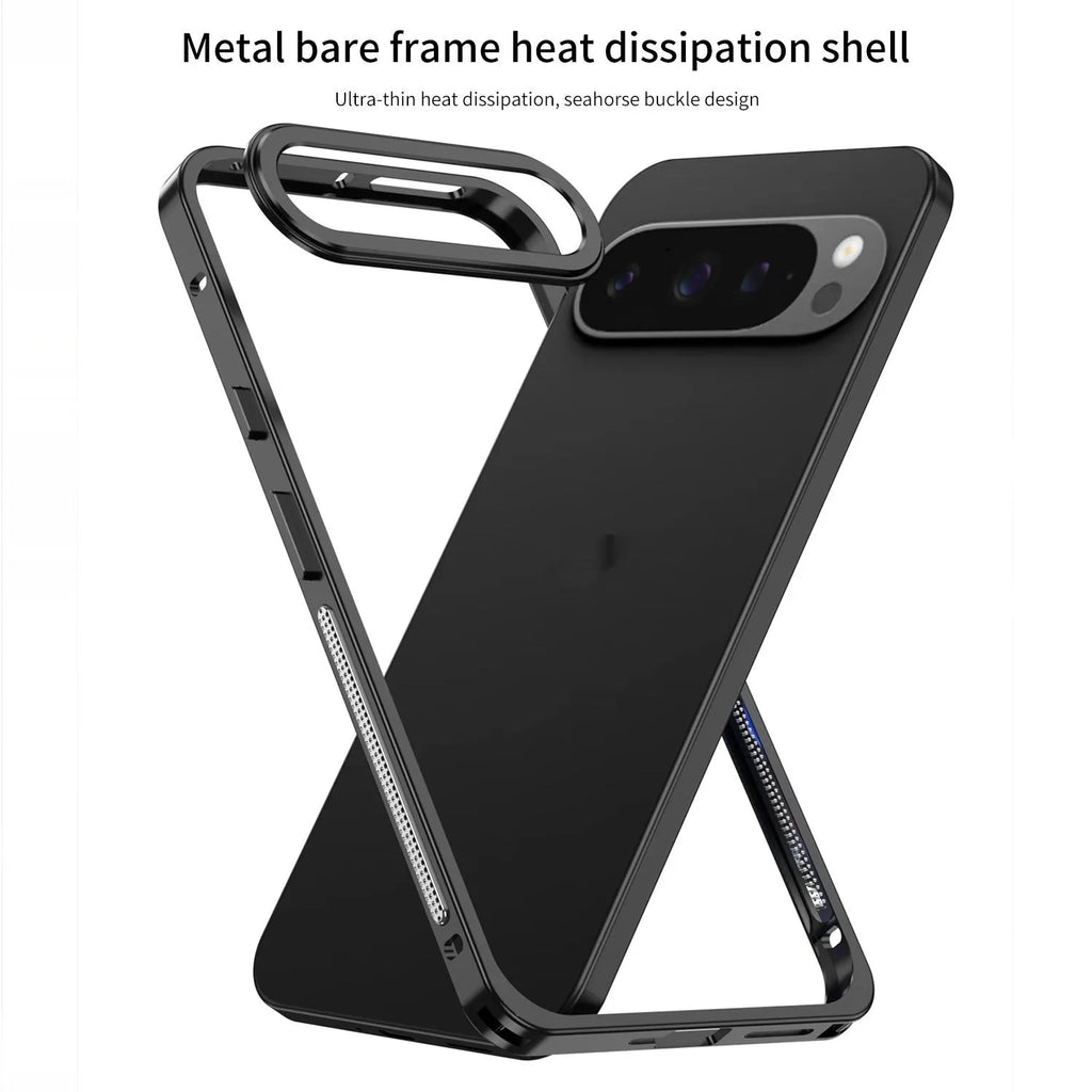 Aluminium alloy heat dissipation phone case for Google Pixel 9 Pro XL smartphone in black colour with separate lens case