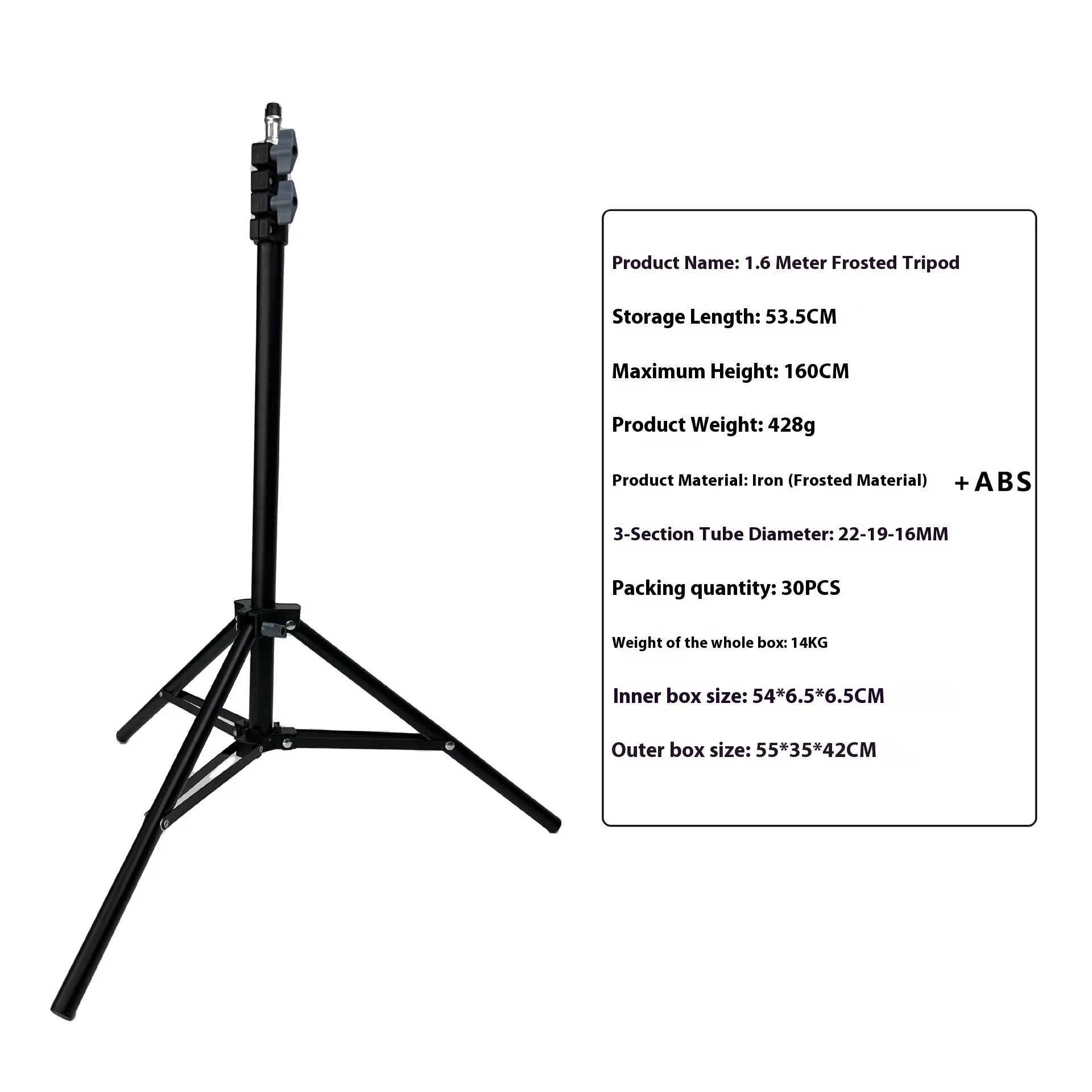Frosted finish carbon steel tripod light stand with mobile phone holder mounted