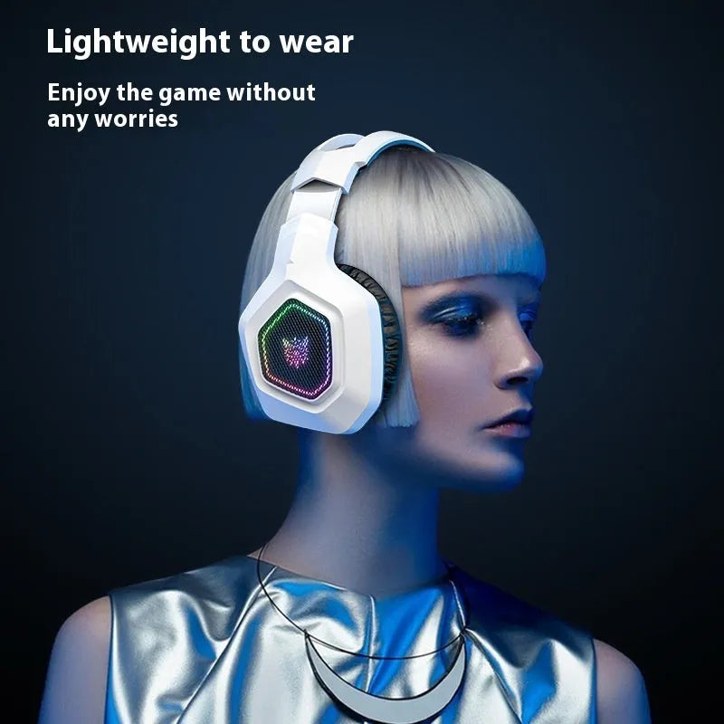 Black wireless gaming headset with RGB lighting on ear cups