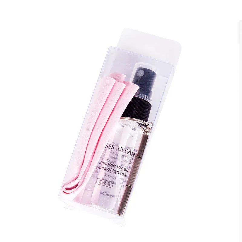 Three-piece glasses cleaning kit with 30ml cleaning agent, lens cloth, and screwdriver
