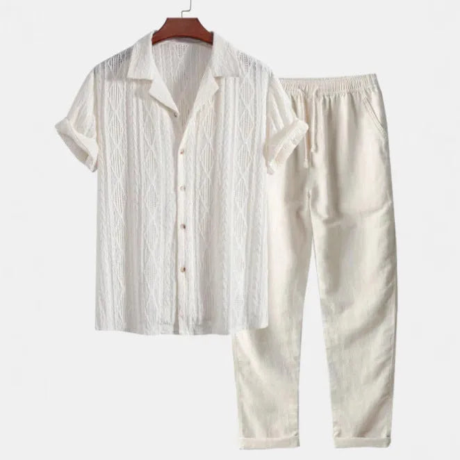 Men's slim fit camouflage print short sleeve shirt and trousers casual linen suit set.