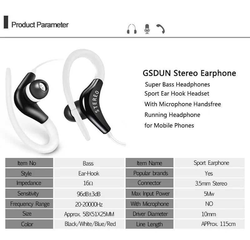 Wired earhook sport headphones in multiple colours with a 1.2m cable and 3.5mm plug.