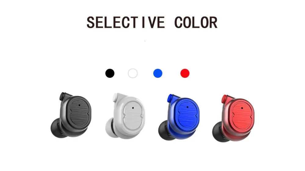 Wireless Bluetooth stereo earbud headset showing four colour options: black, white, red, and blue