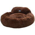Light gray cat bed kennel with long wool backrest on floor, 65cm diameter