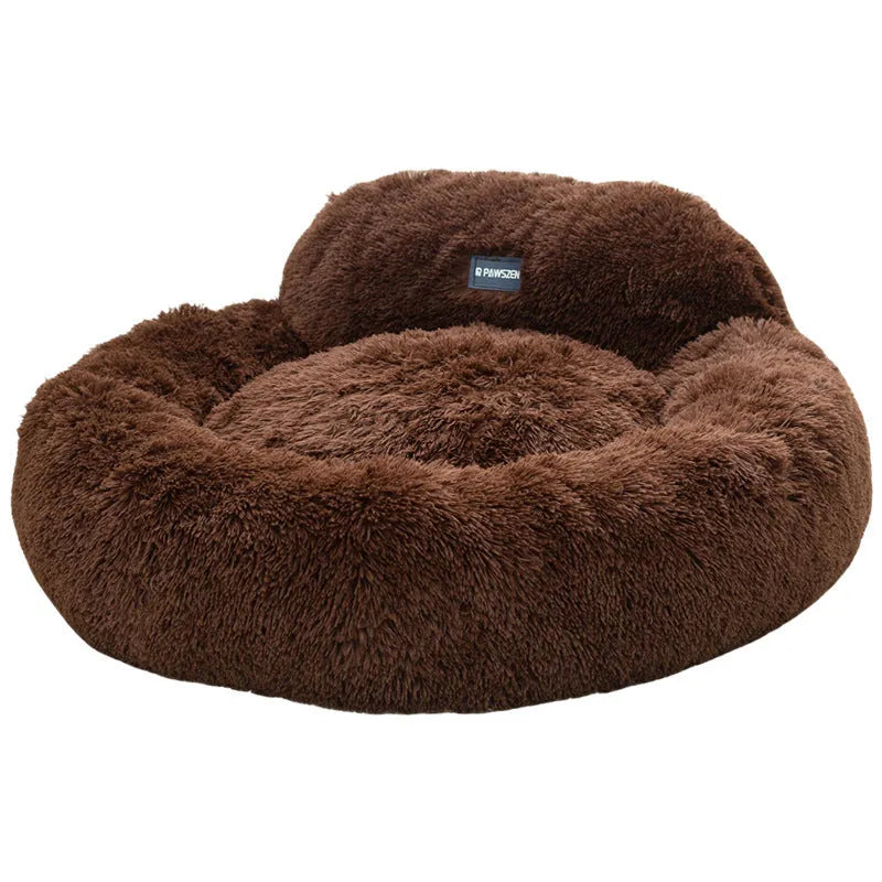 Light gray cat bed kennel with long wool backrest on floor, 65cm diameter