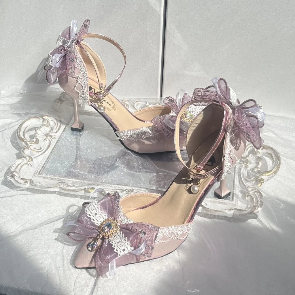Purple satin women's wedding shoes with square toe and stiletto heel in Lolita style.