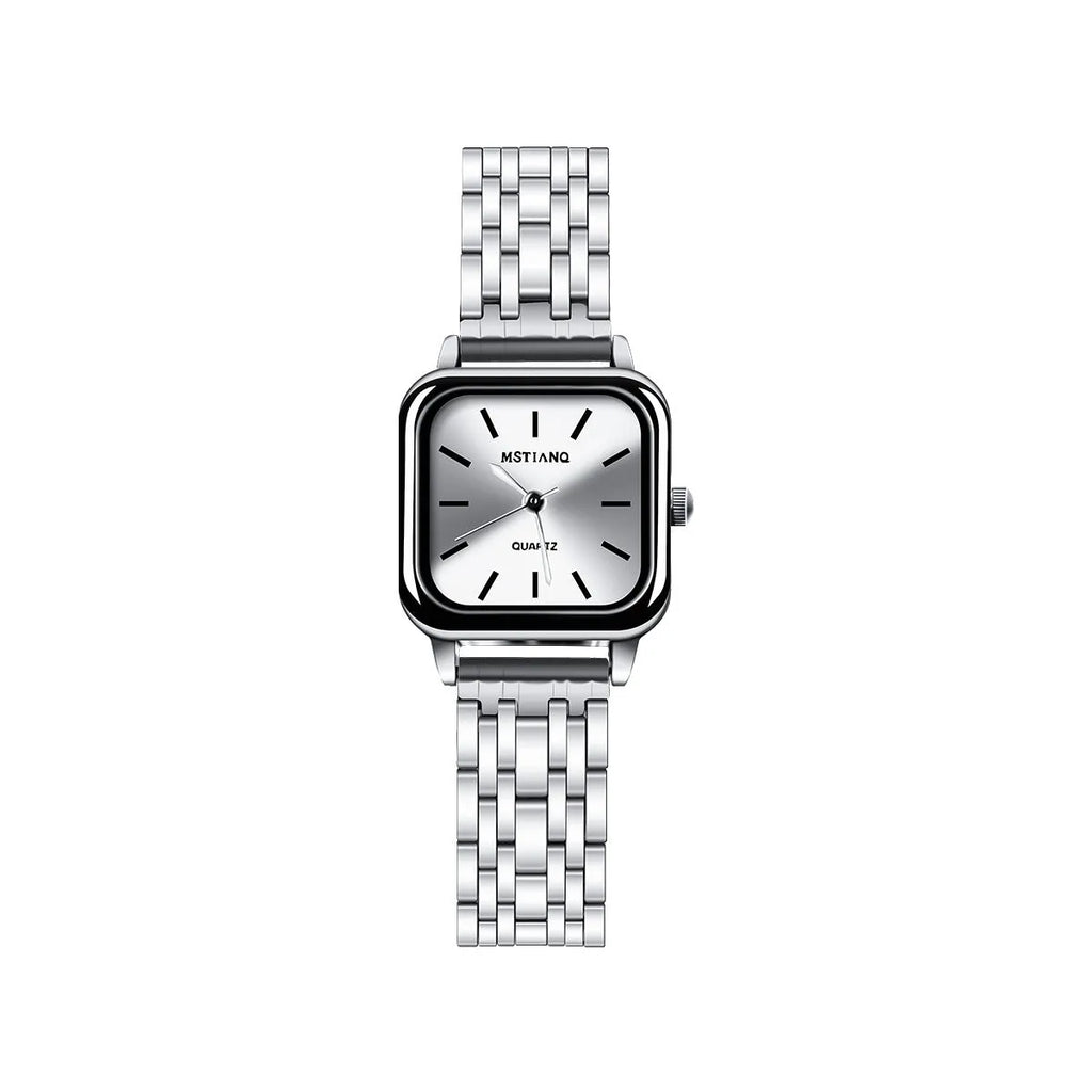 Women's retro quartz watch with slim 8mm case and bamboo band in blue, showing simple dial