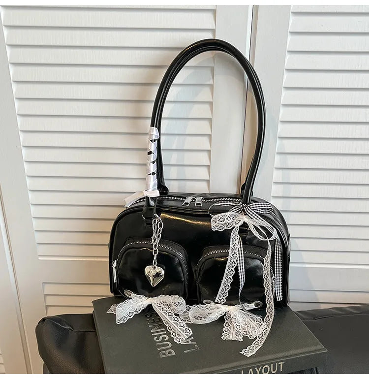 Soft PU casual shoulder bag with horizontal square shape and dual straps in beige colour