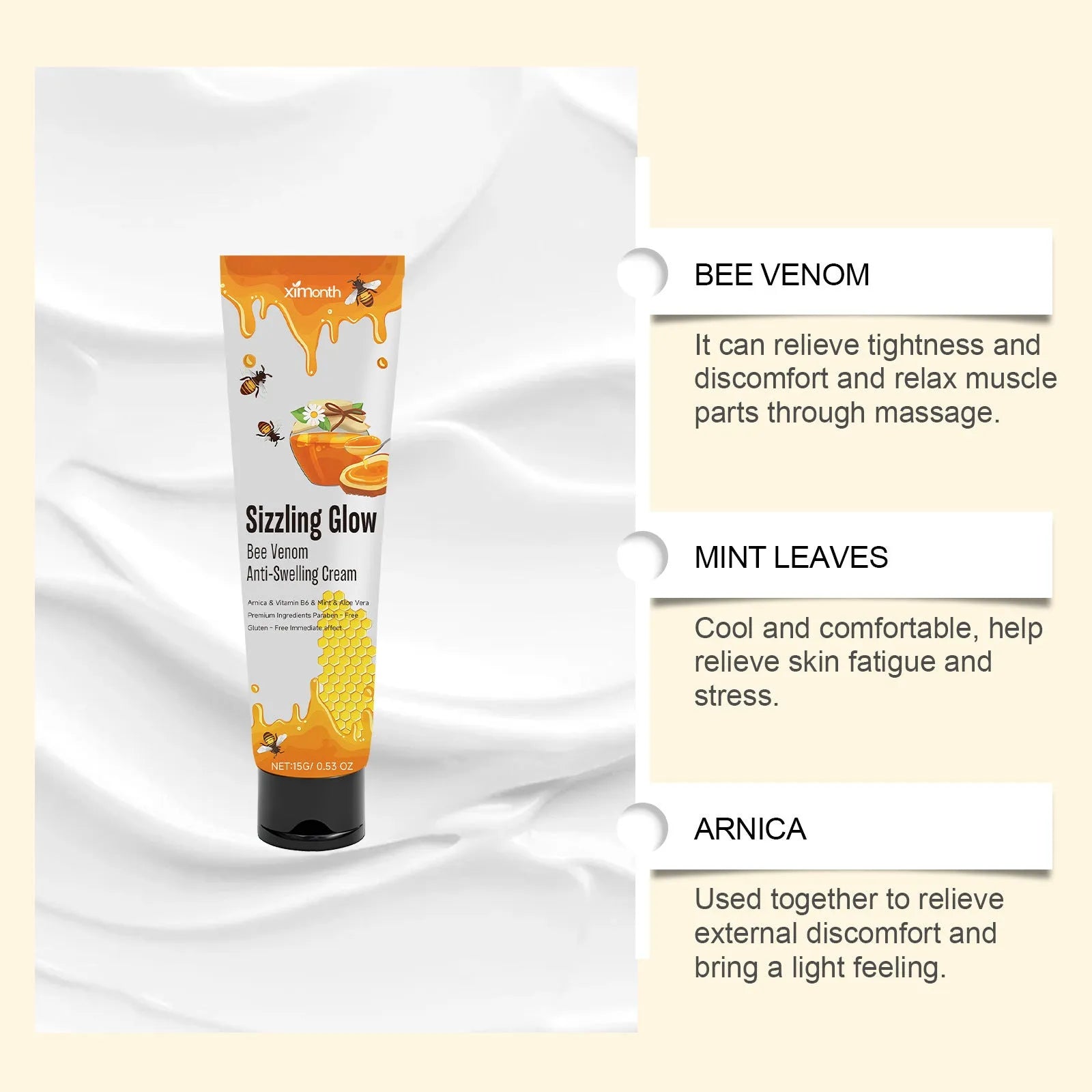 15g skin rejuvenation cream container with botanical extracts including mint leaf and arnica.