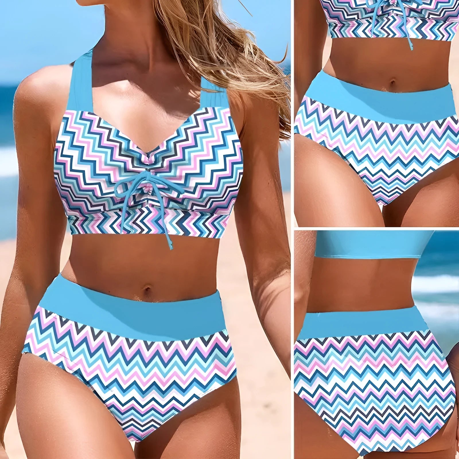 Blue women's cross sling split swimsuit with briefs cut on model