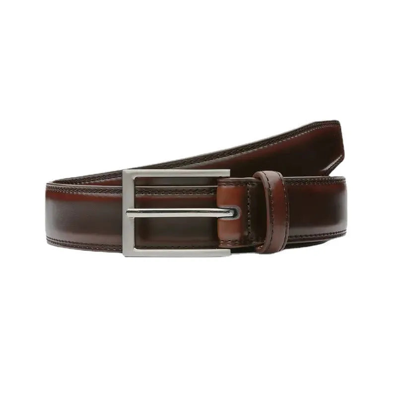 Men's brown genuine leather belt with 95 grain texture and a silver alloy buckle on a white background.