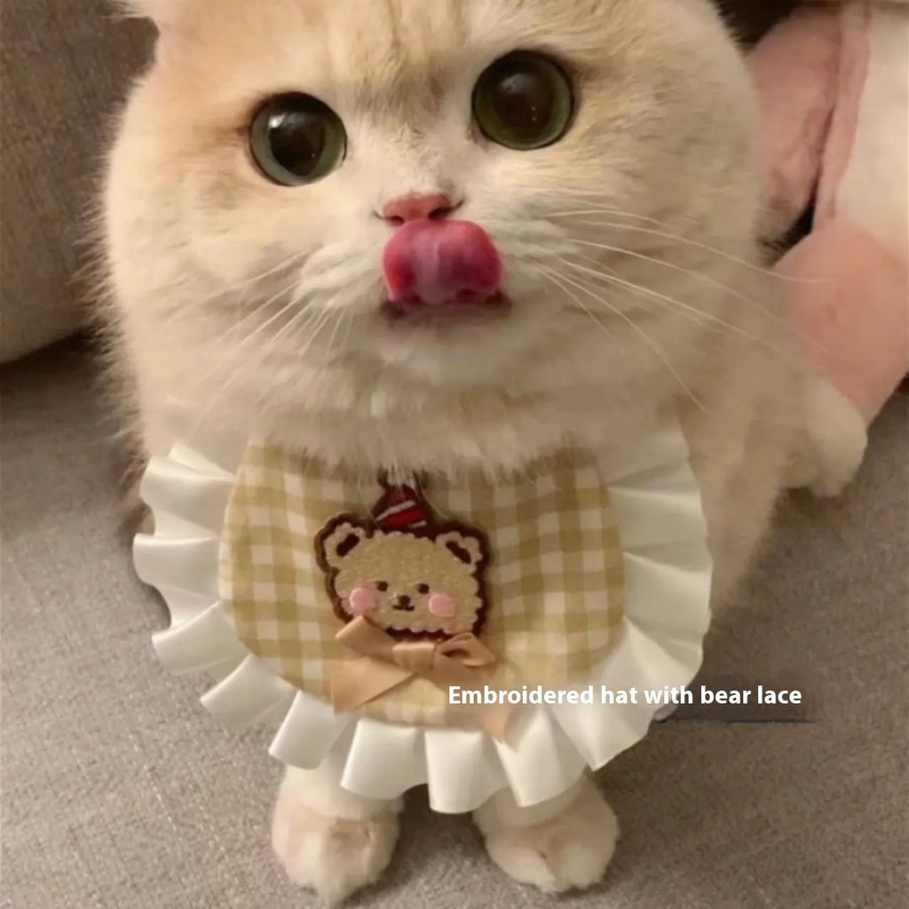 Cartoon mohair pet saliva towel cat bib dog lace scarf in bear with hat design on small pet