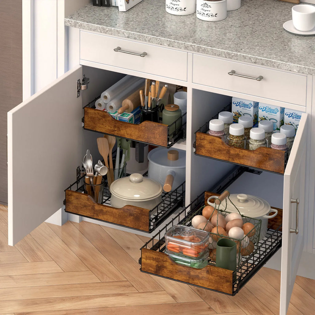 Black modern storage rack with pull-out baskets, made from wood and iron.