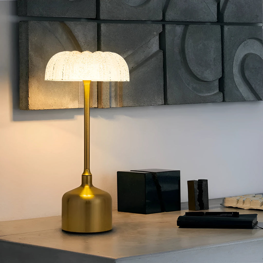 Retro bronze metal table lamp with wrought iron and acrylic shade, 14.5 x 14.5 x 31.5 cm, on desk