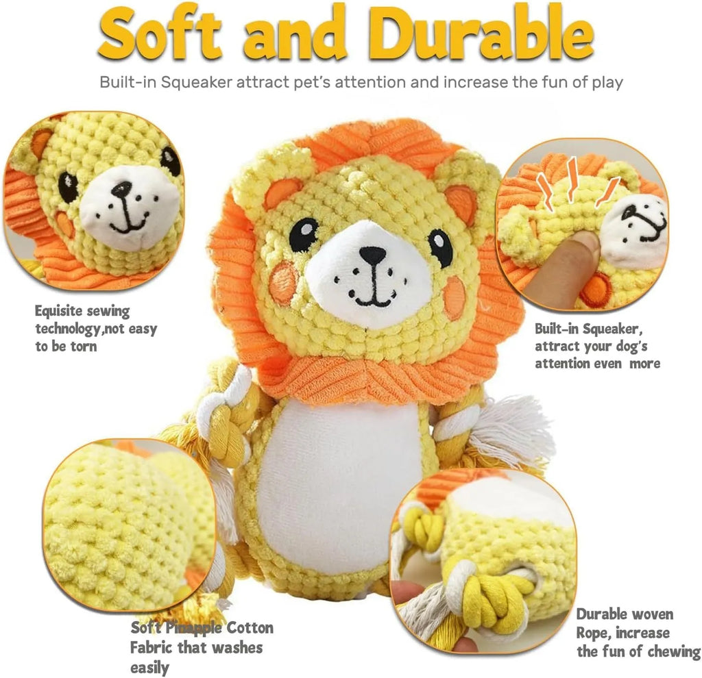 Lion and monkey plush squeaky dog toys bundle for medium and large breeds