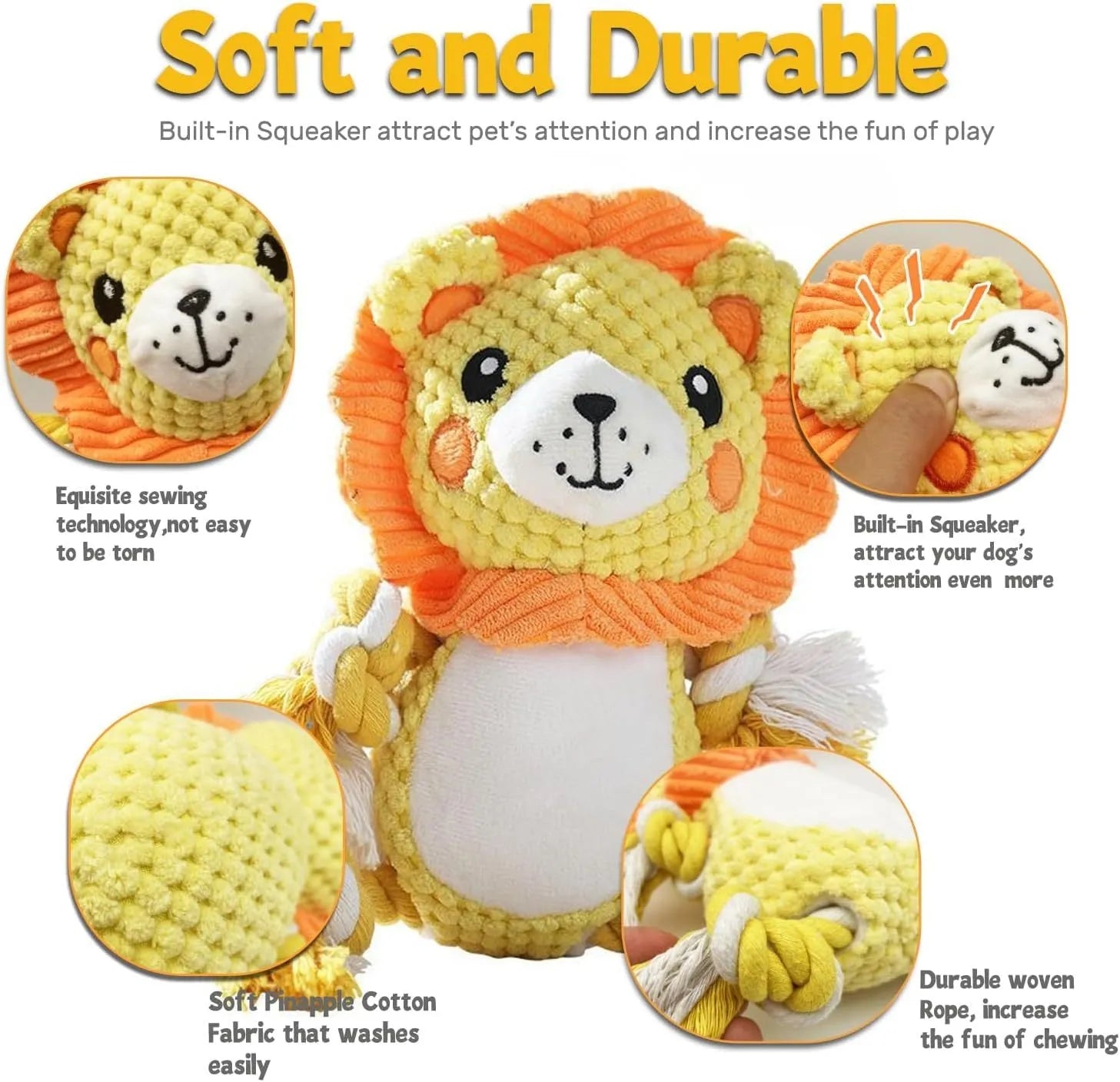 Lion and monkey plush squeaky dog toys bundle for medium and large breeds