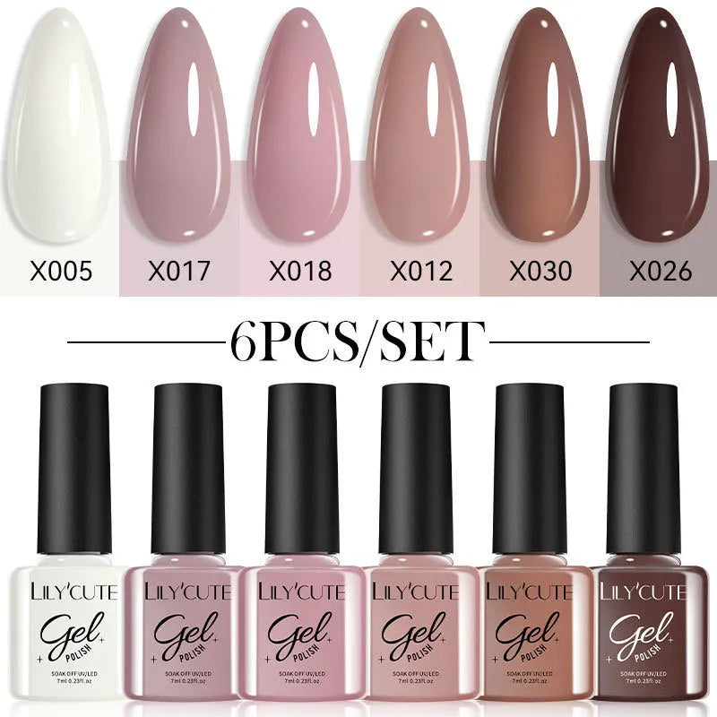 UV gel nail polish set showing 20 bottles in glitter, nude, and solid colours for waterproof manicures.