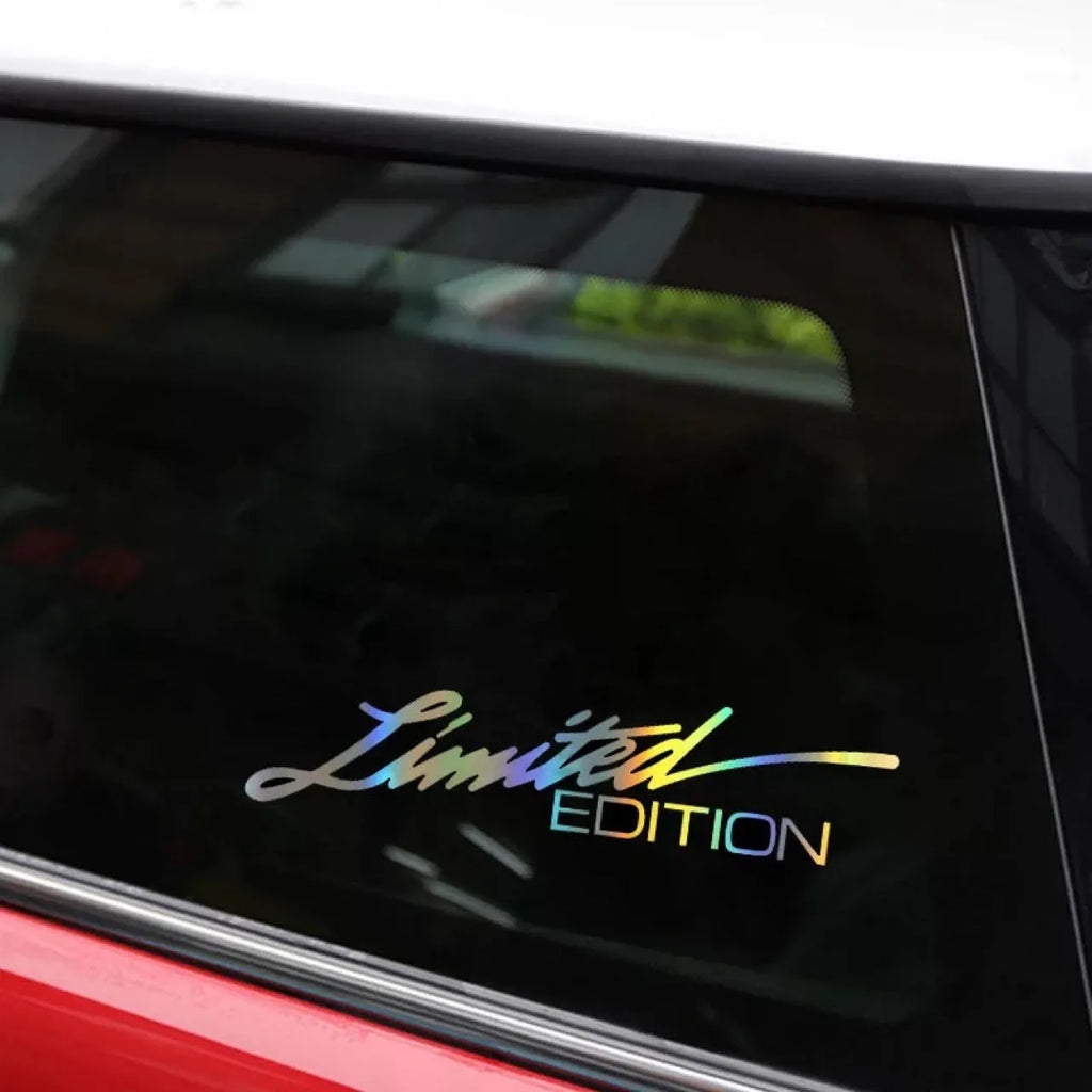 Limited edition laser reflective black text car sticker on vehicle glass