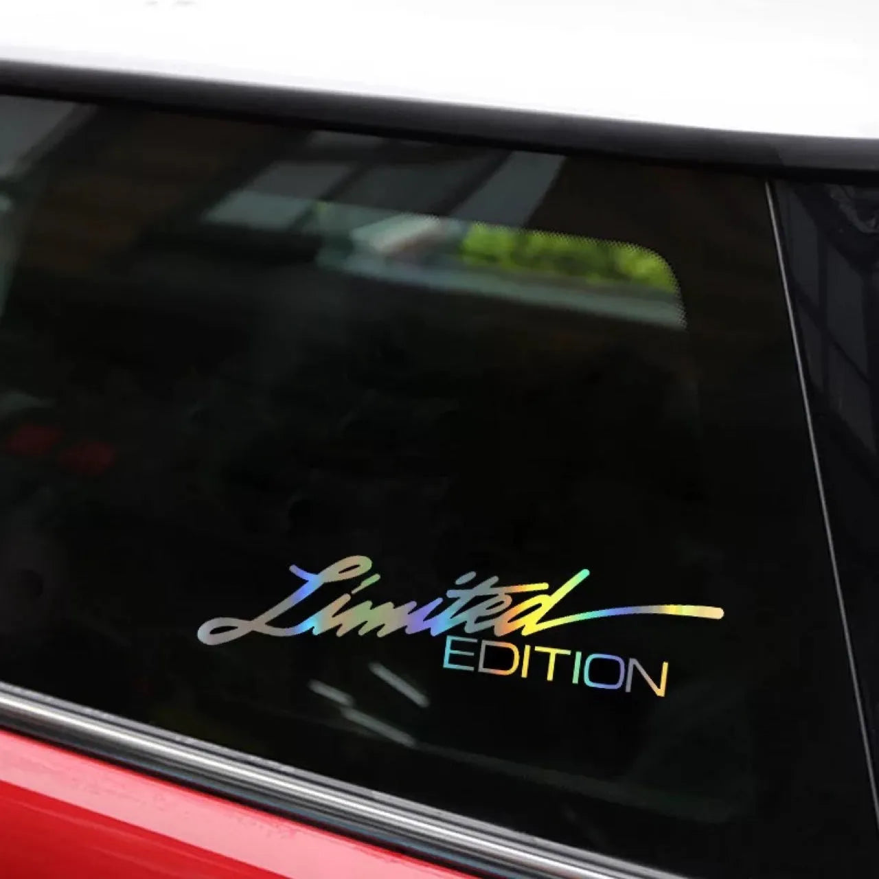 Limited edition laser reflective black text car sticker on vehicle glass