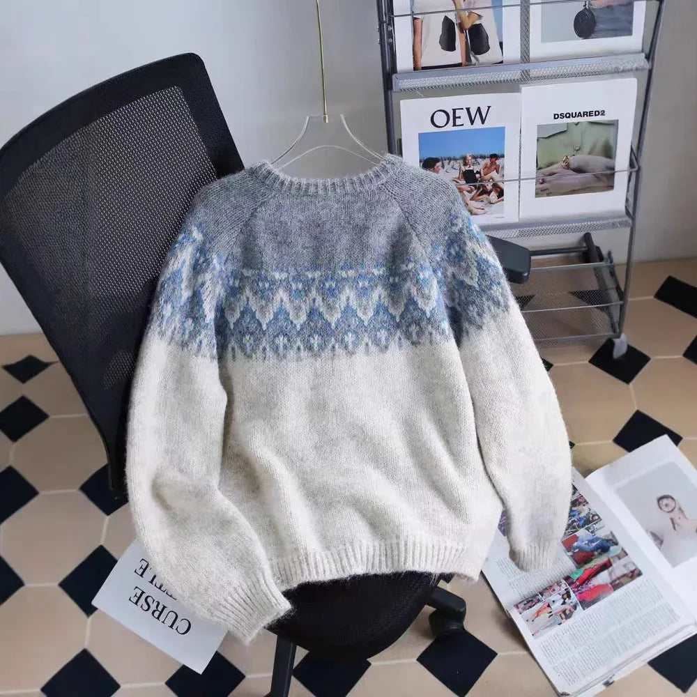 Women's loose fit jacquard sweater coat in milky white, brown, or navy blue.