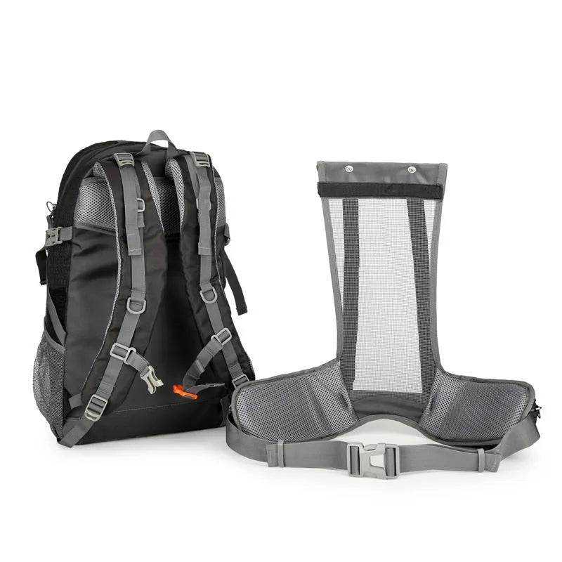 Gray outdoor hiking backpack 20-35L nylon with bracket support and air pillow belt