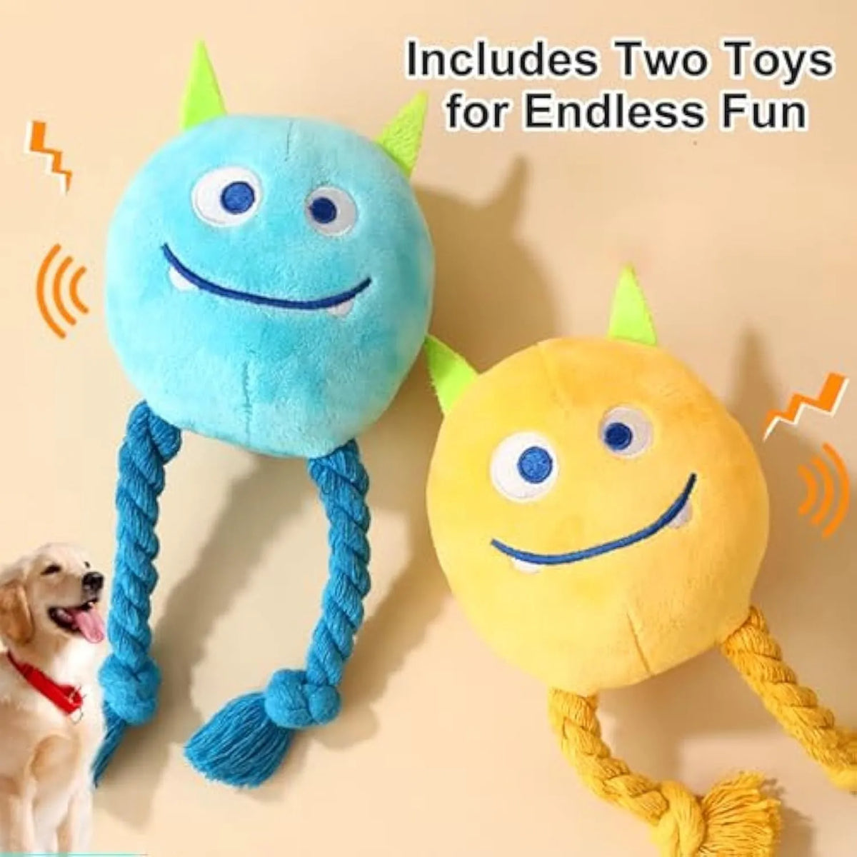 2pcs squeaky rope plush dog toys in blue and yellow for small dogs, puppies, and medium breeds