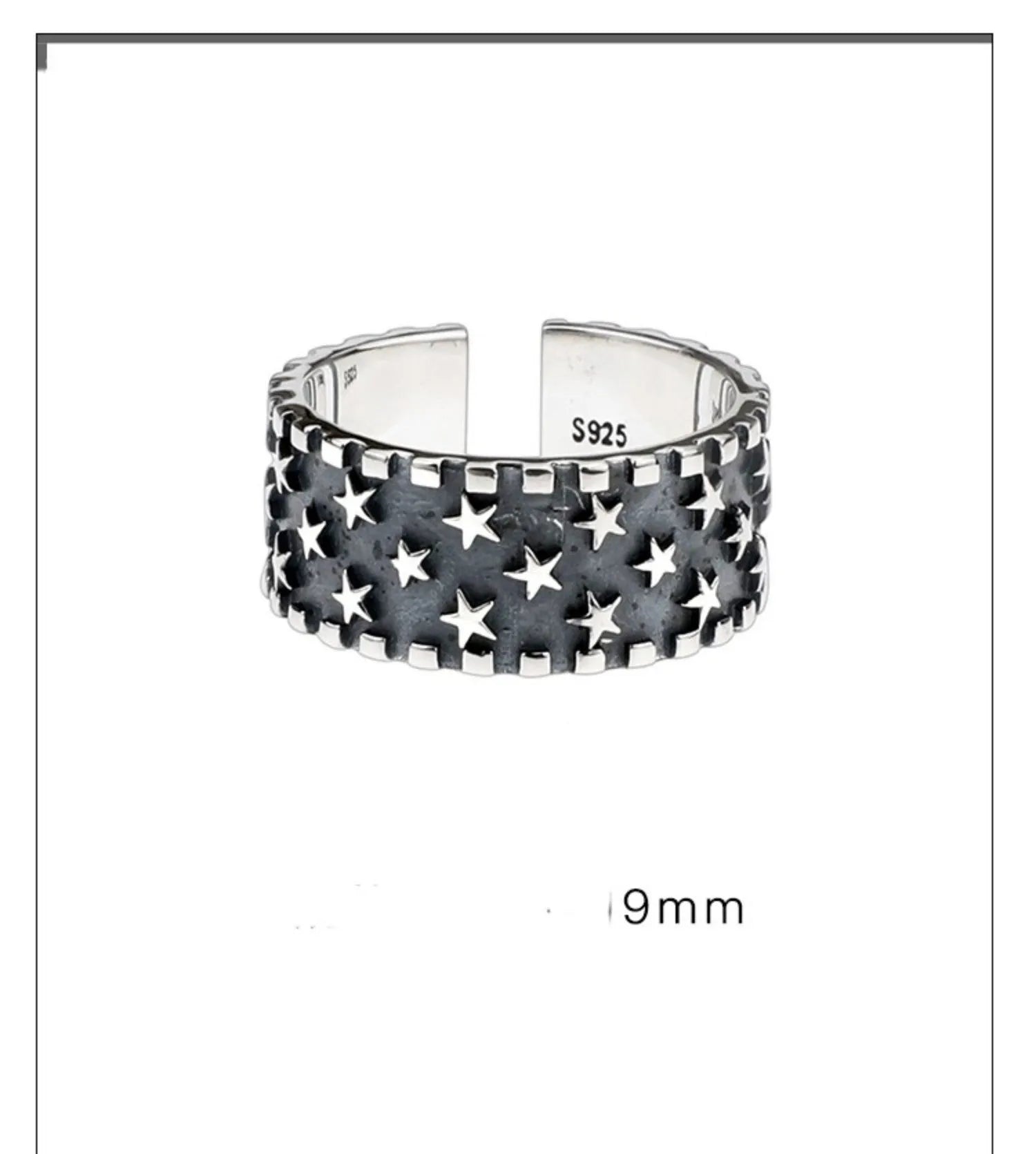 Adjustable silver ring with a geometric pattern of multiple five-pointed stars on the band.