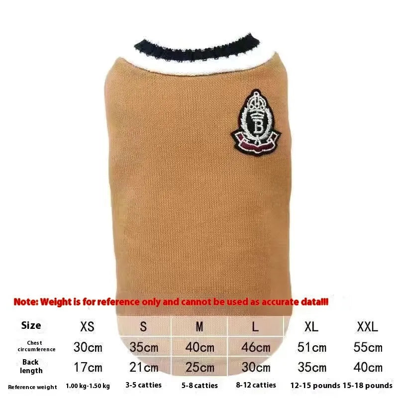 Silver gradient college style pet winter clothes shown in blue duck colour on size chart with weight ranges