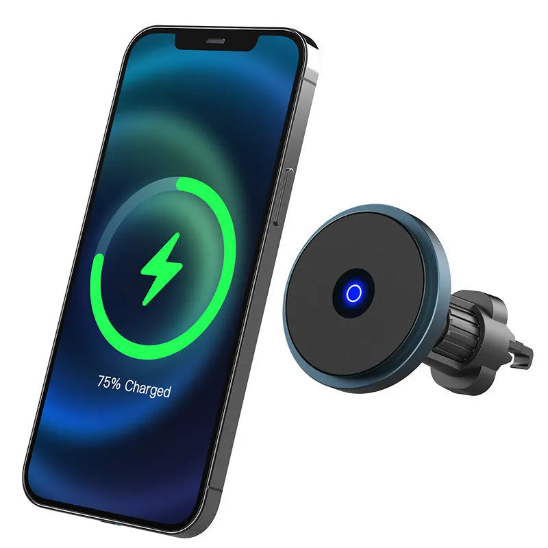 Circular aluminium alloy car wireless charging bracket mounted on air vent with phone charging
