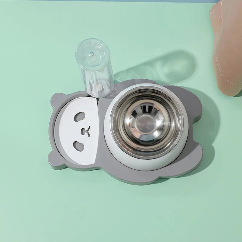 Grey and green panda-shaped pet feeder set with automatic water bottle and tilted food bowl