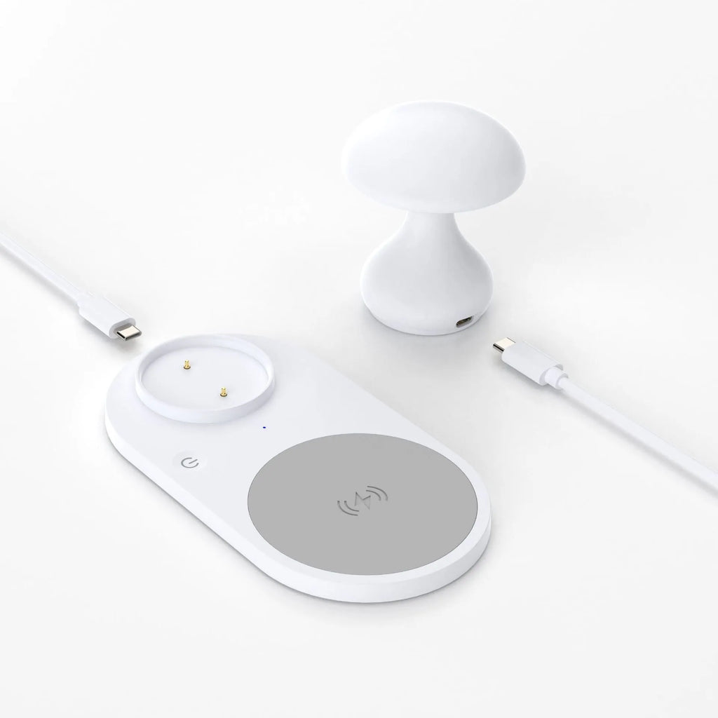 White multifunctional mushroom lamp with 10W wireless phone charger on a desk
