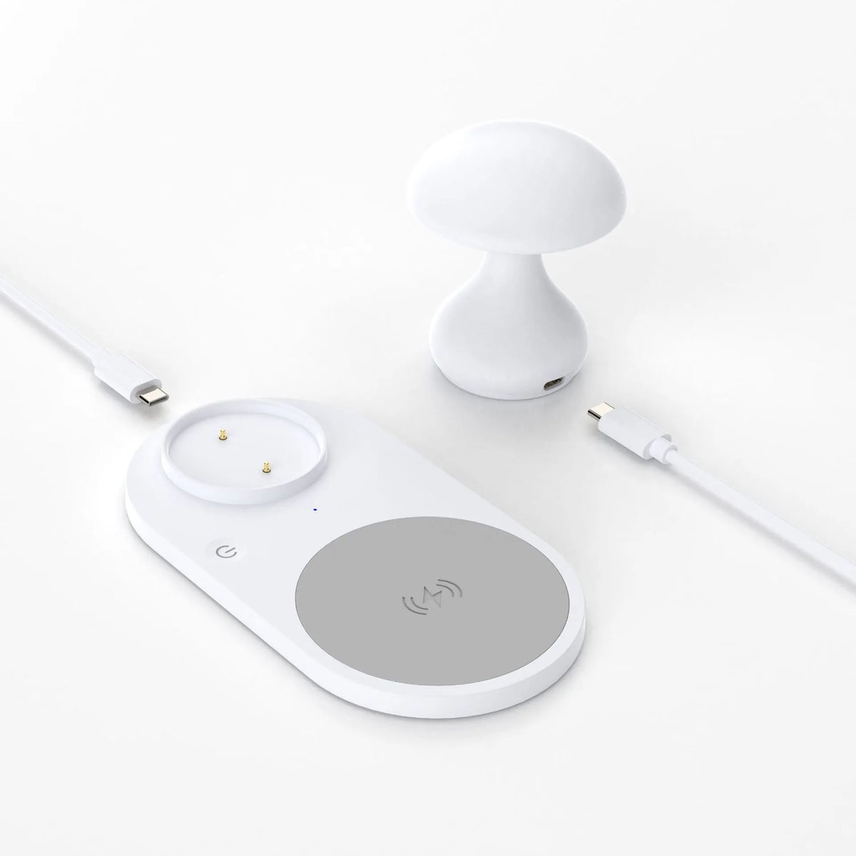 White multifunctional mushroom lamp with 10W wireless phone charger on a desk