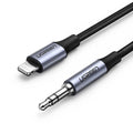 Black Lightning to 3.5mm audio adapter cable with shiny silk braid and aluminium connectors for car stereo connection
