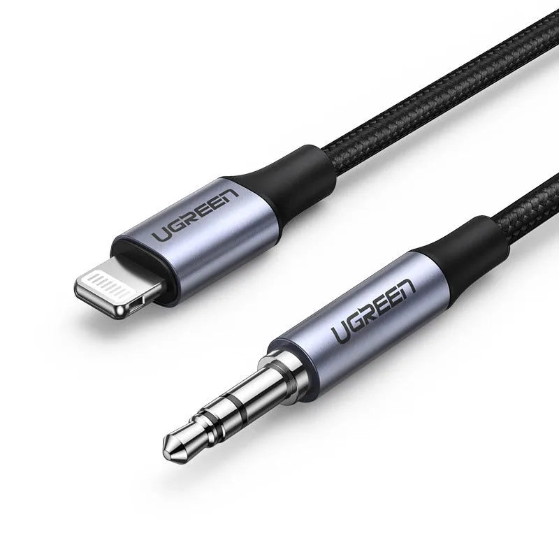 Black Lightning to 3.5mm audio adapter cable with shiny silk braid and aluminium connectors for car stereo connection