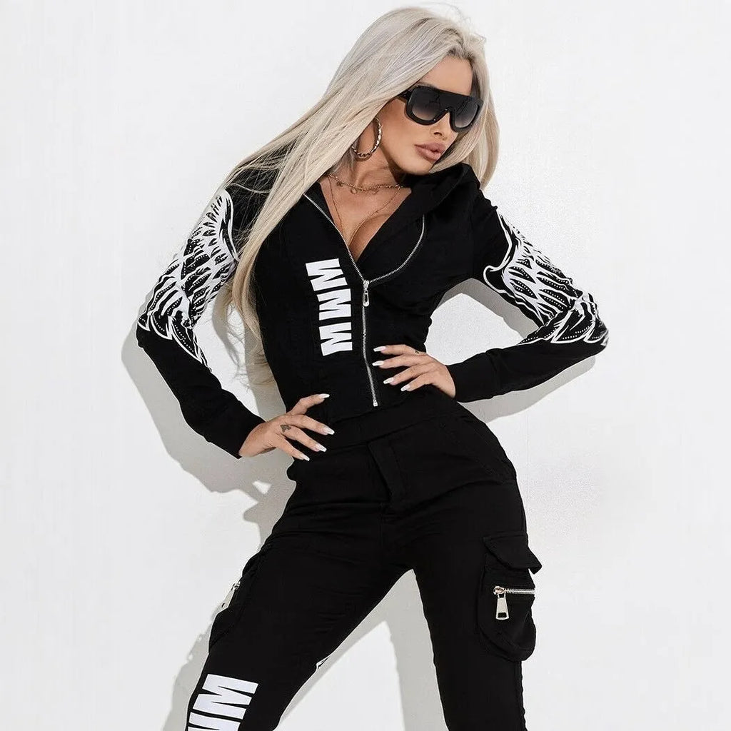Black women's hooded jacket and trousers casual set with white wings graphic print.