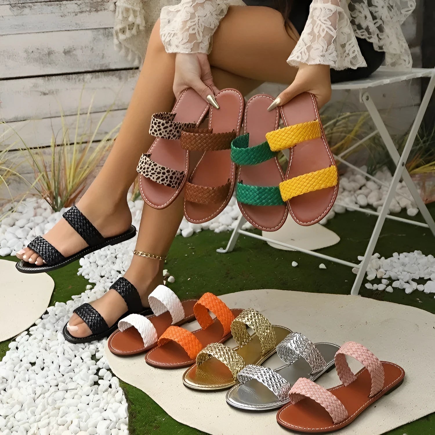 Women's woven synthetic leather beach slippers with PVC sole in gold colour