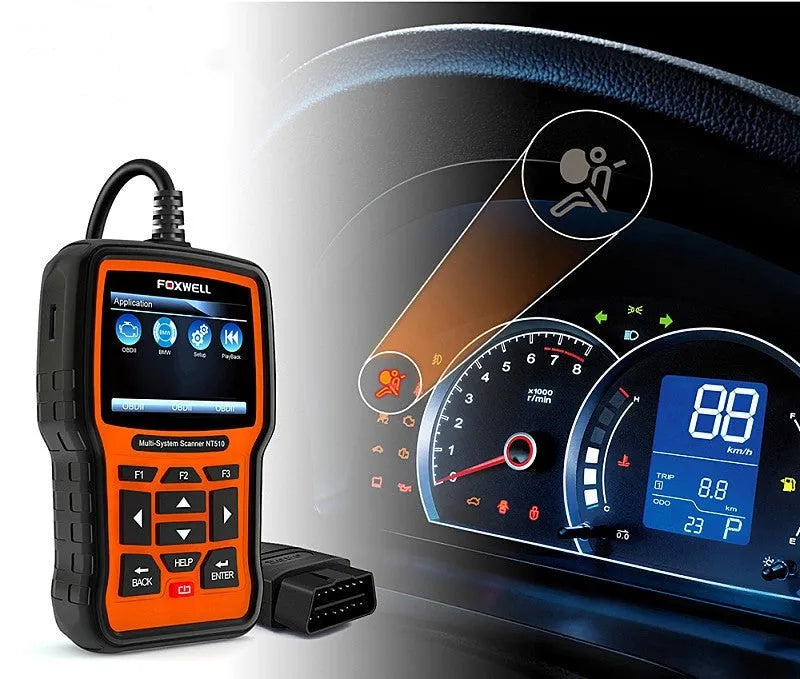 Foxwell NT510 orange and black automotive OBD2 diagnostic scanner with screen and cable.
